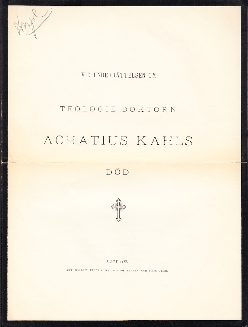 Vid underrättelsen om teologie doktorn Achatius Kahls död.