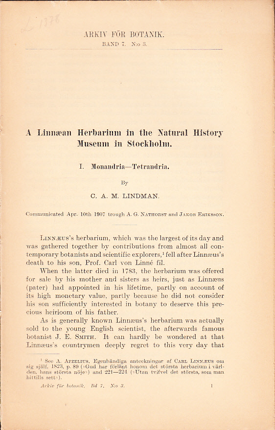 A Linnean Herbarium in the Natural History Museum in Stockholm [= rubrik].