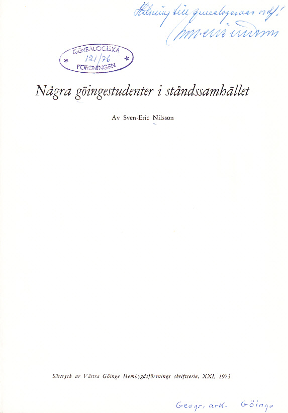 Några göingestudenter i ståndssamhället [= rubrik].