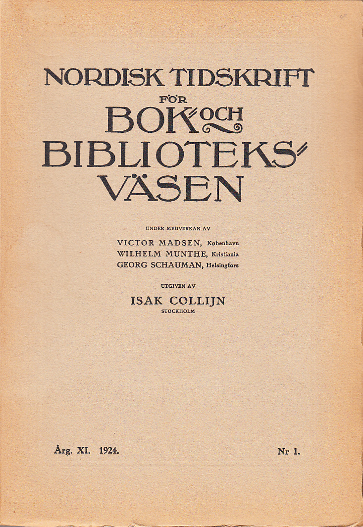Nordisk tidskrift för bok- och biblioteksväsen. 1924, Nr. 1. Årgång 11.