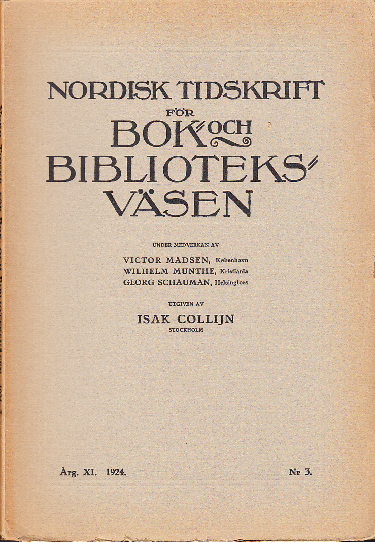 Nordisk tidskrift för bok- och biblioteksväsen. 1924, Nr. 3. Årgång 11.