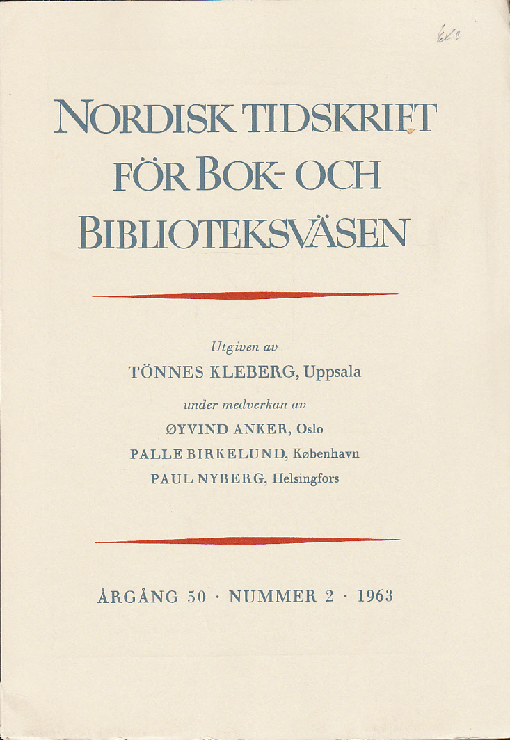 Nordisk tidskrift för bok- och biblioteksväsen. 1963, Nr. 2. Årgång 50.