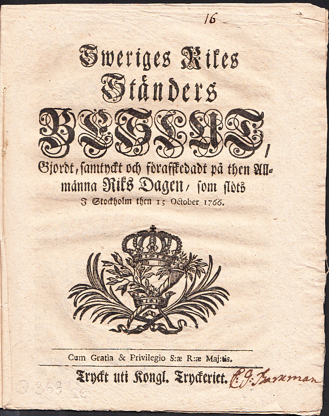 Sweriges rikes ständers beslut, gjordt, samtyckt och förafskedadt på then allmänna riks dagen, som slöts i Stockholm then 15 october 1766.