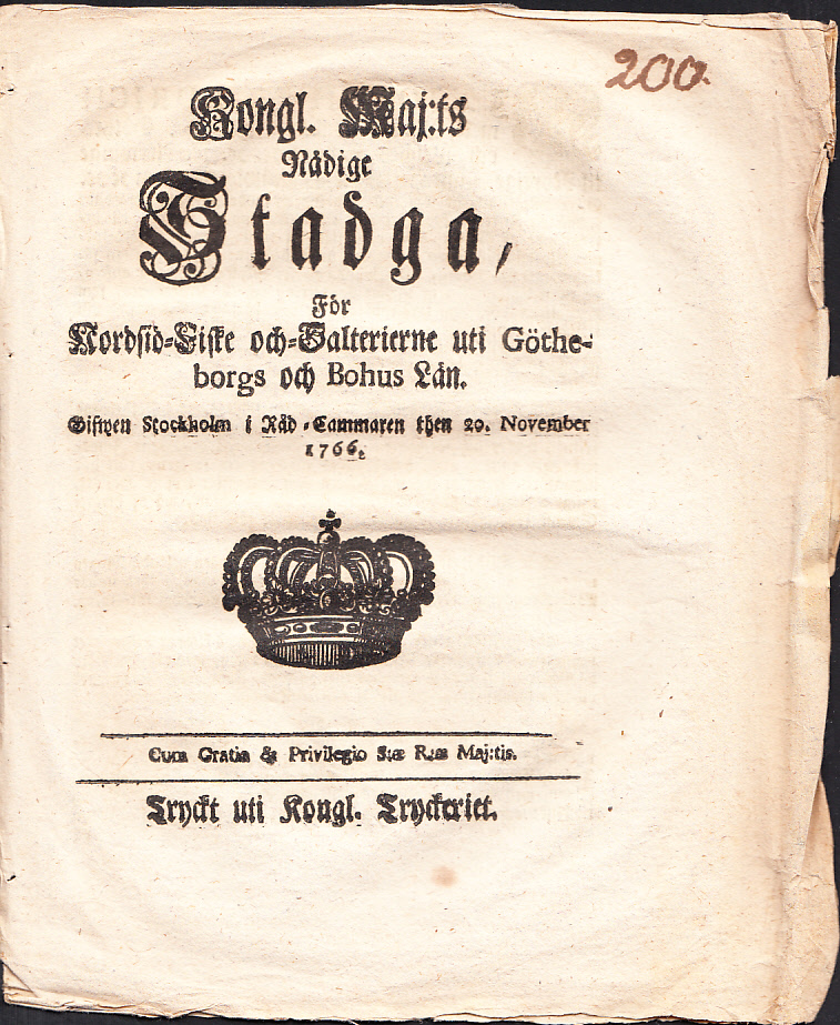 Kongl. Maj:ts Nådige Stadga, För Nordsiö Fiske- och Salterierne uti Götheborgs och Bohus Län. Gifwen Stockholm i Råd-Cammaren then 20. November 1766.