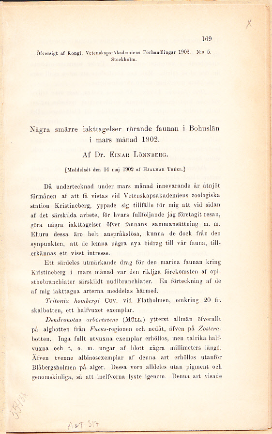 Några smärre iakttagelser rörande faunan i Bohuslän i mars månad 1902. (Meddeladt den 14 maj 1902 af Hjalmar Théel). [= rubrik].