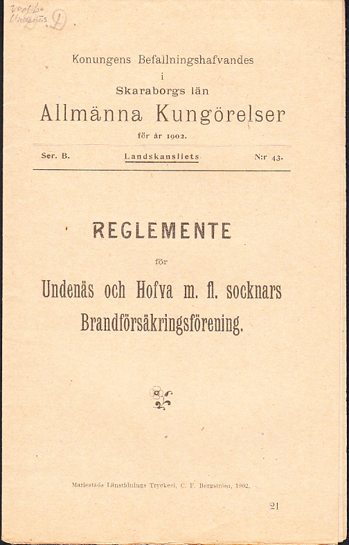 Reglemente för Undenäs och Hofva m.fl. socknars Brandförsäkringsförening [1902].