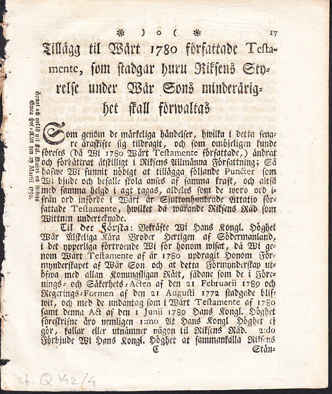 Tillägg til Wårt 1780 författade Testamente ...