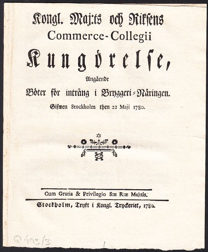 Kongl. Maj:ts Och Riksens Commerce-Collegii Kungörelse, Angående Böter för intrång i Bryggeri-Näringen. Gifwen Stockholm then 22 Maji 1780.