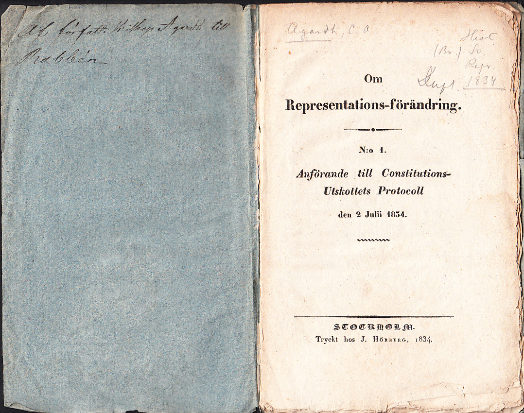 Om representations-förändring. N:o 1. Anförande till Constitutions-utskottets protocoll den 2 juli 1834.
