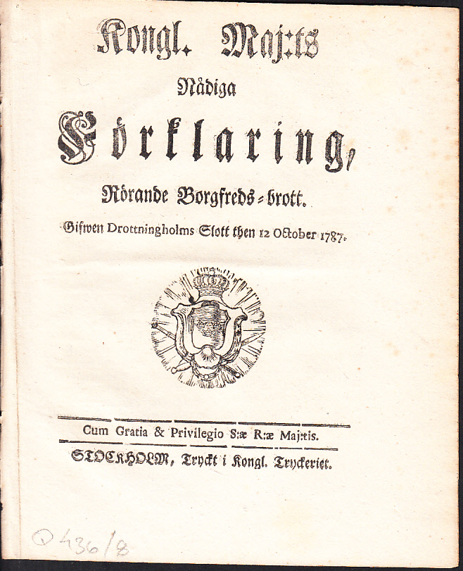 Kongl. Maj:ts Nådiga Förklaring, Rörande Borgfreds-brott. Gifwen Drottningholms Slott then 12 October 1787.