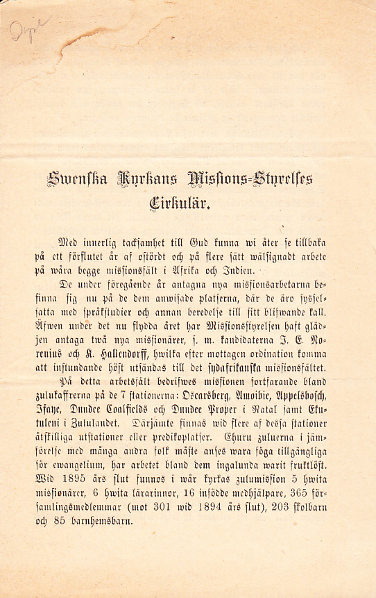 Swenska Kyrkans Missions-Styrelses Cirkulär [= rubrik].
