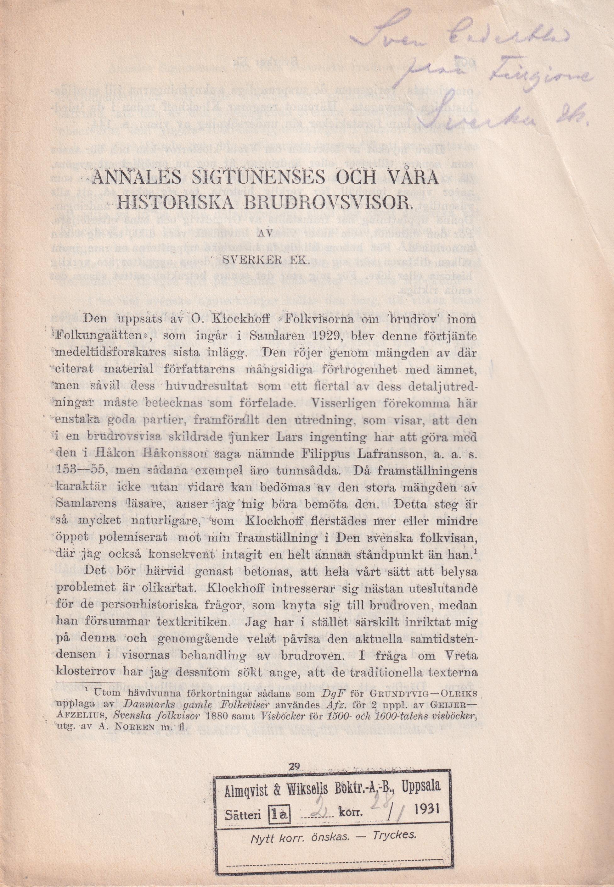 Annales Sigtunenses och våra historiska brudrovsvisor [= rubrik].