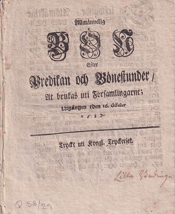Allmännelig Bön Efter Predikan och Bönestunder, At brukas uti Församlingarne; Utgången then 16. October 1753.