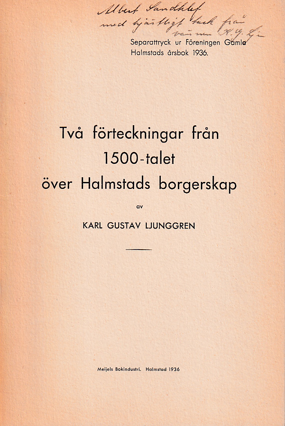 Två förteckningar från 1500-talet över Halmstads borgerskap [= rubrik].