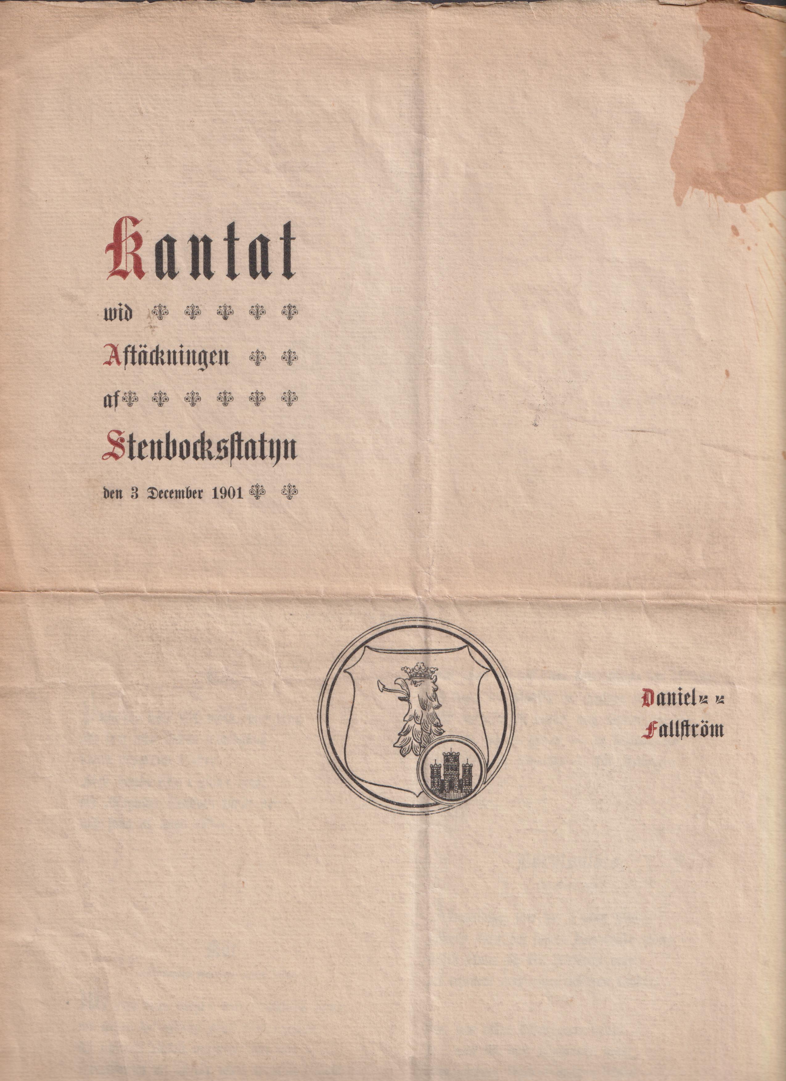 Kantat vid aftäckningen af Stenbocksstatyn den 3 December 1901 [= omslagstitel].