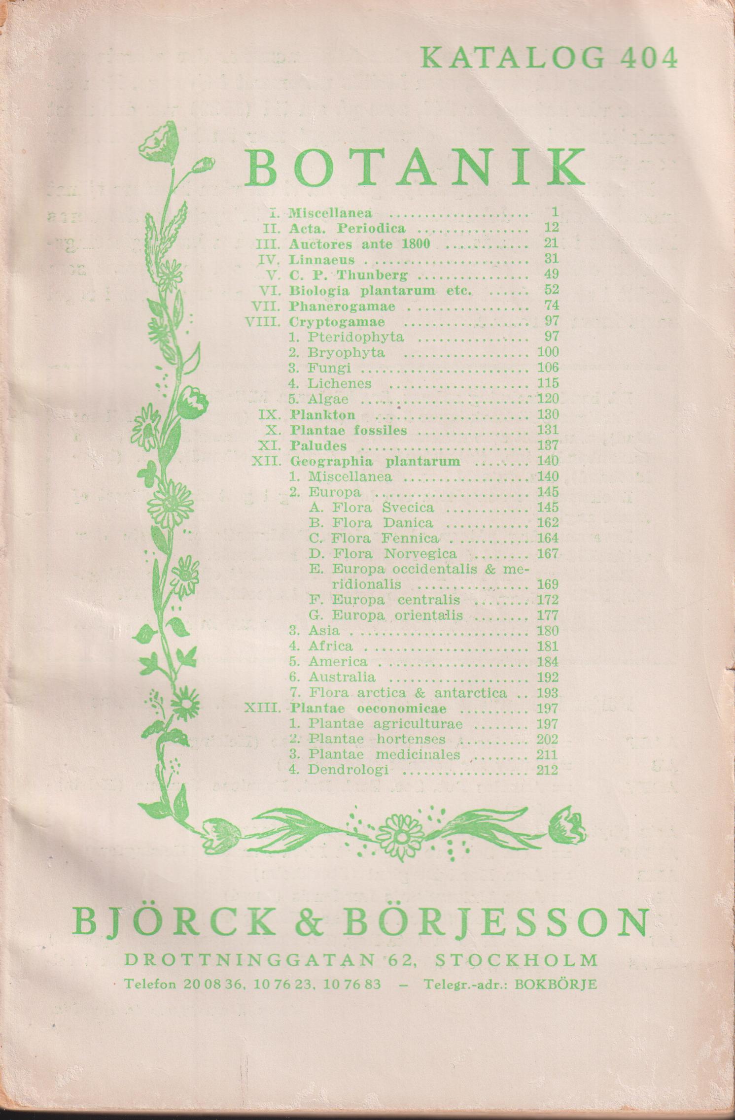 Katalog nr 404. Botanik [= omslagstitel].