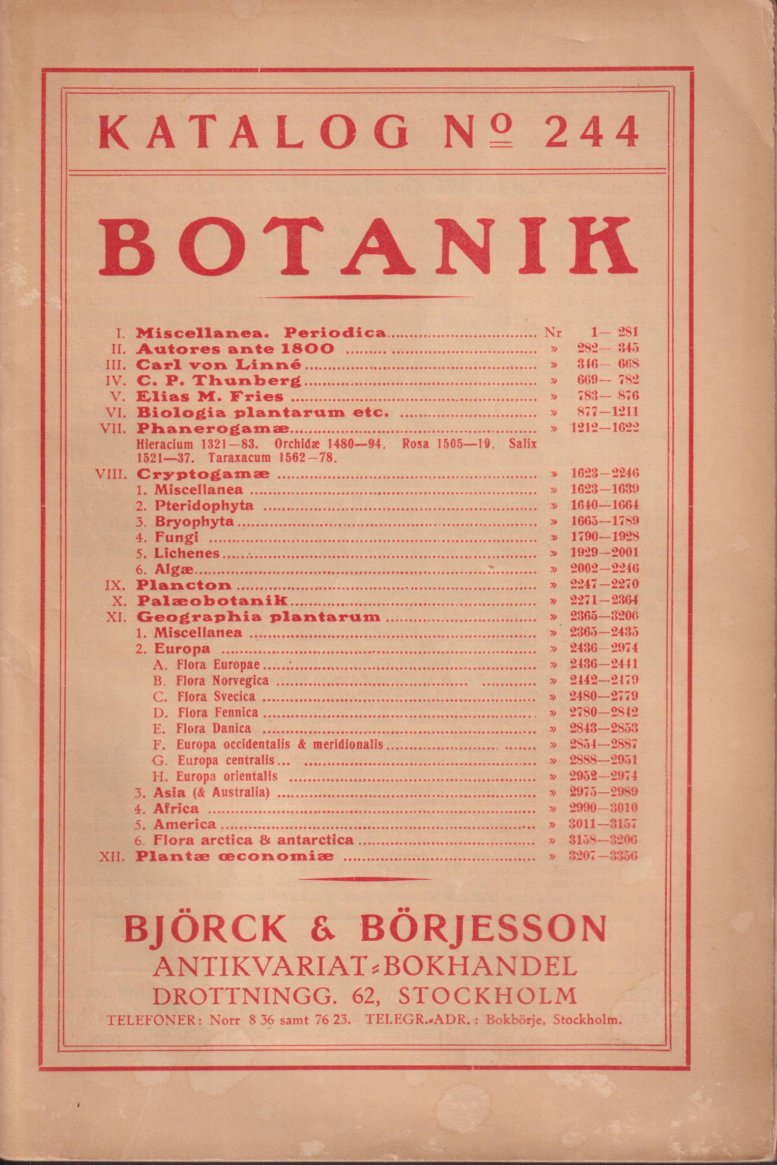 Katalog no 244. Botanik [= omslagstitel].