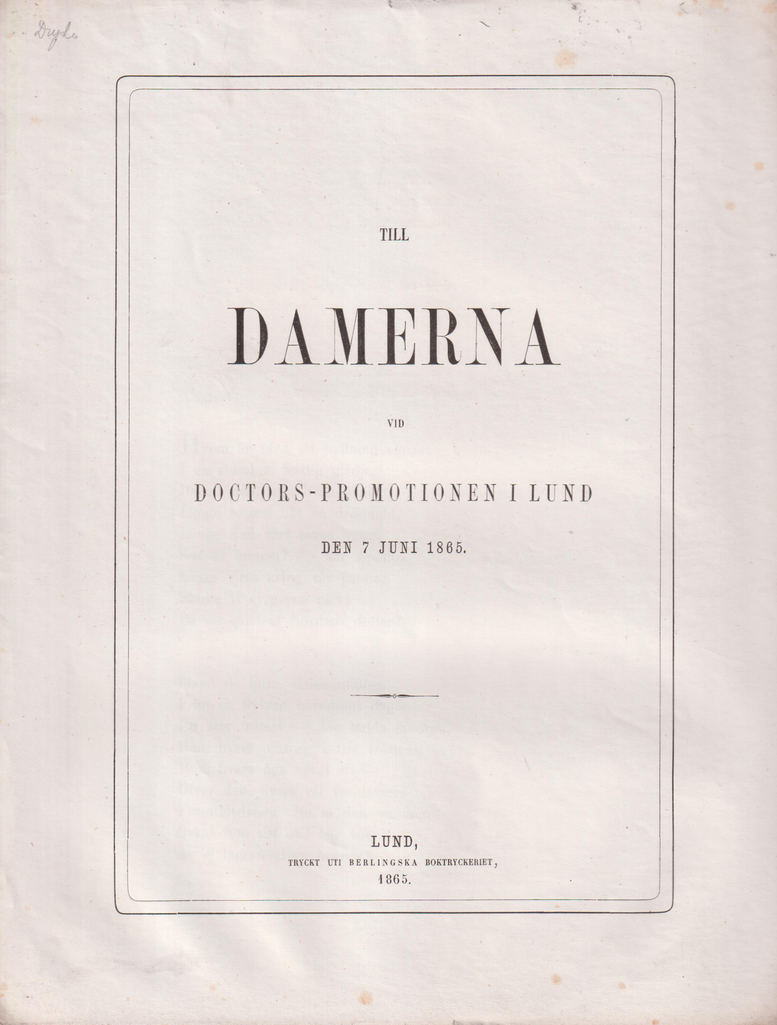 Till damerna vid doctors-promotionen i Lund den 7 juni 1865.