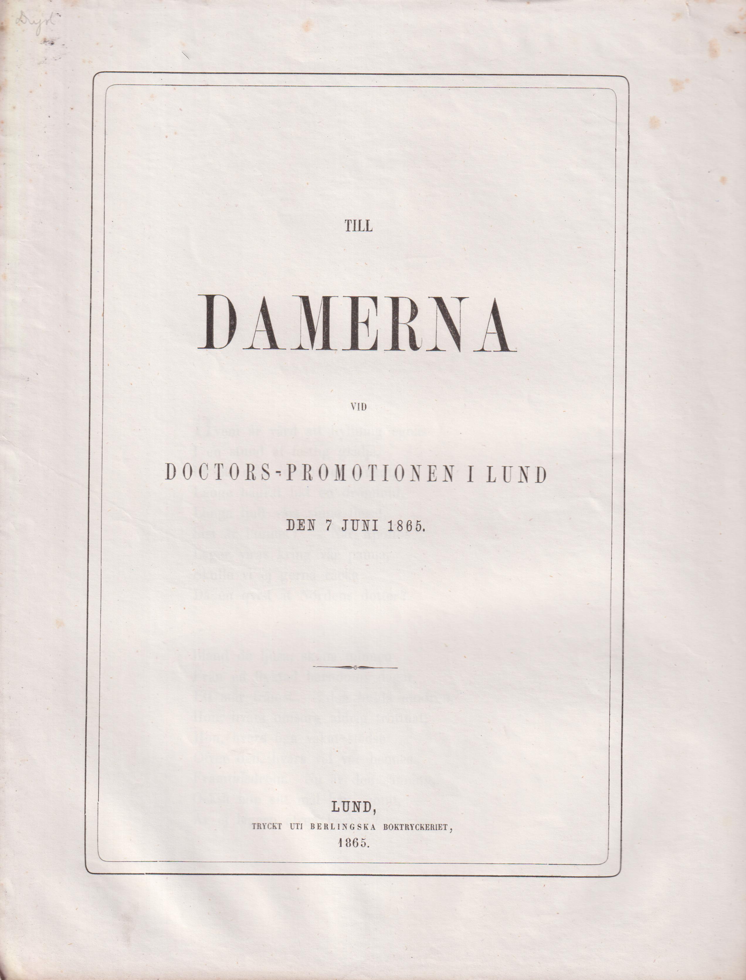 Till damerna vid doctors-promotionen i Lund den 7 juni 1865.