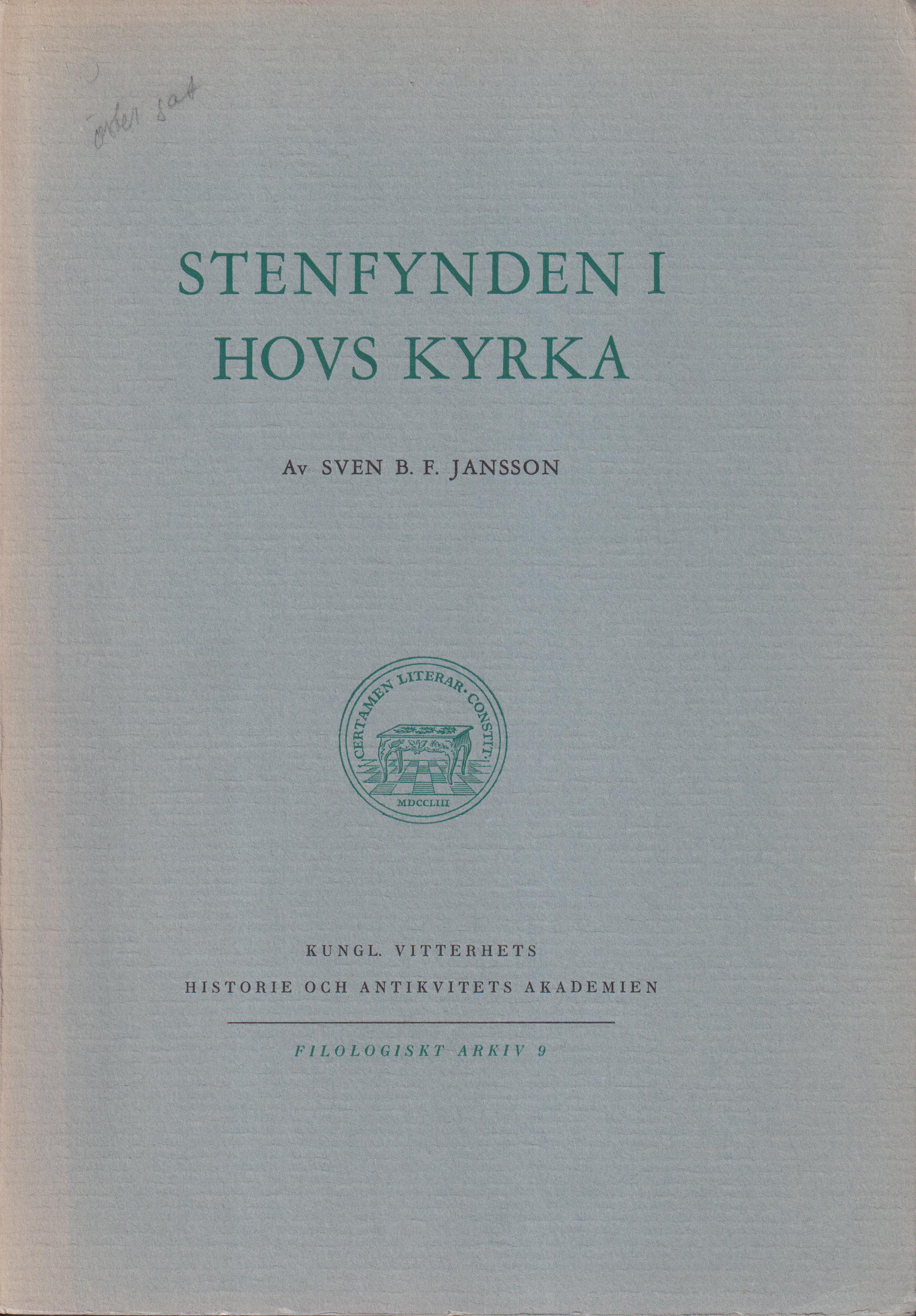 Stenfynden i Hovs kyrka av Sven B.F. Jansson. [Utg. av] KVHAA.