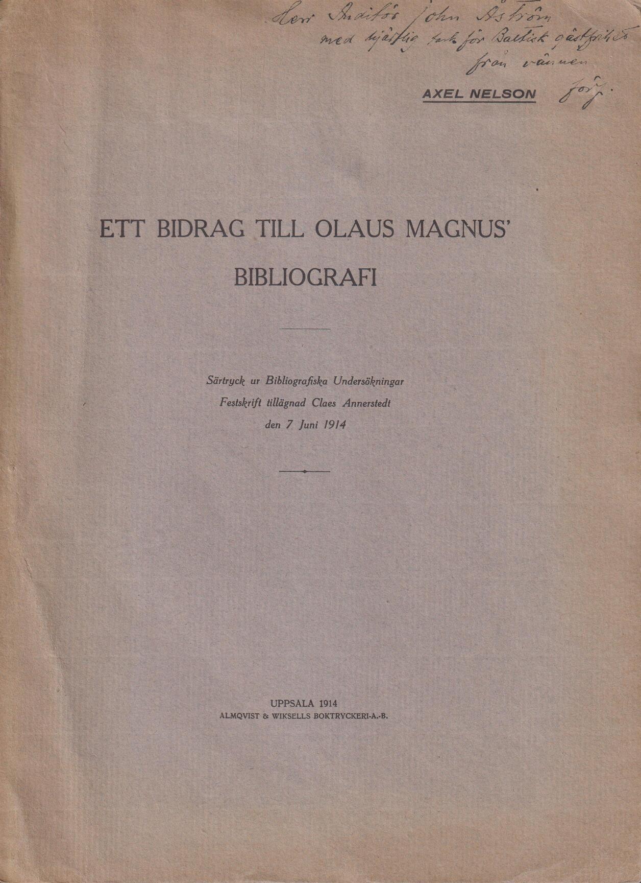 Ett bidrag till Olaus Magnus' bibliografi [= rubrik].