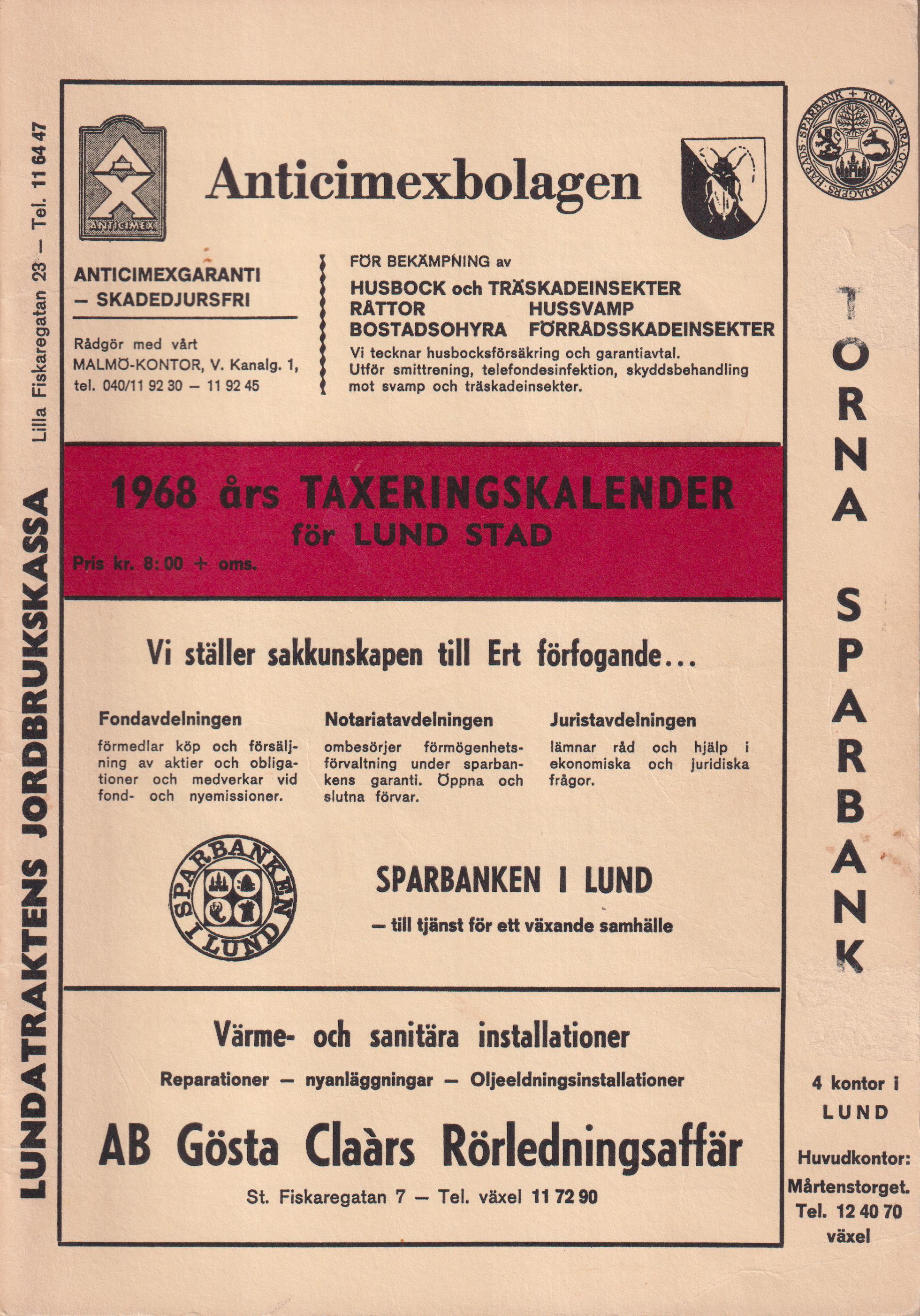 1968 års taxeringskalender för Lund stad. Utgiven av Förlagshuset Hägern.