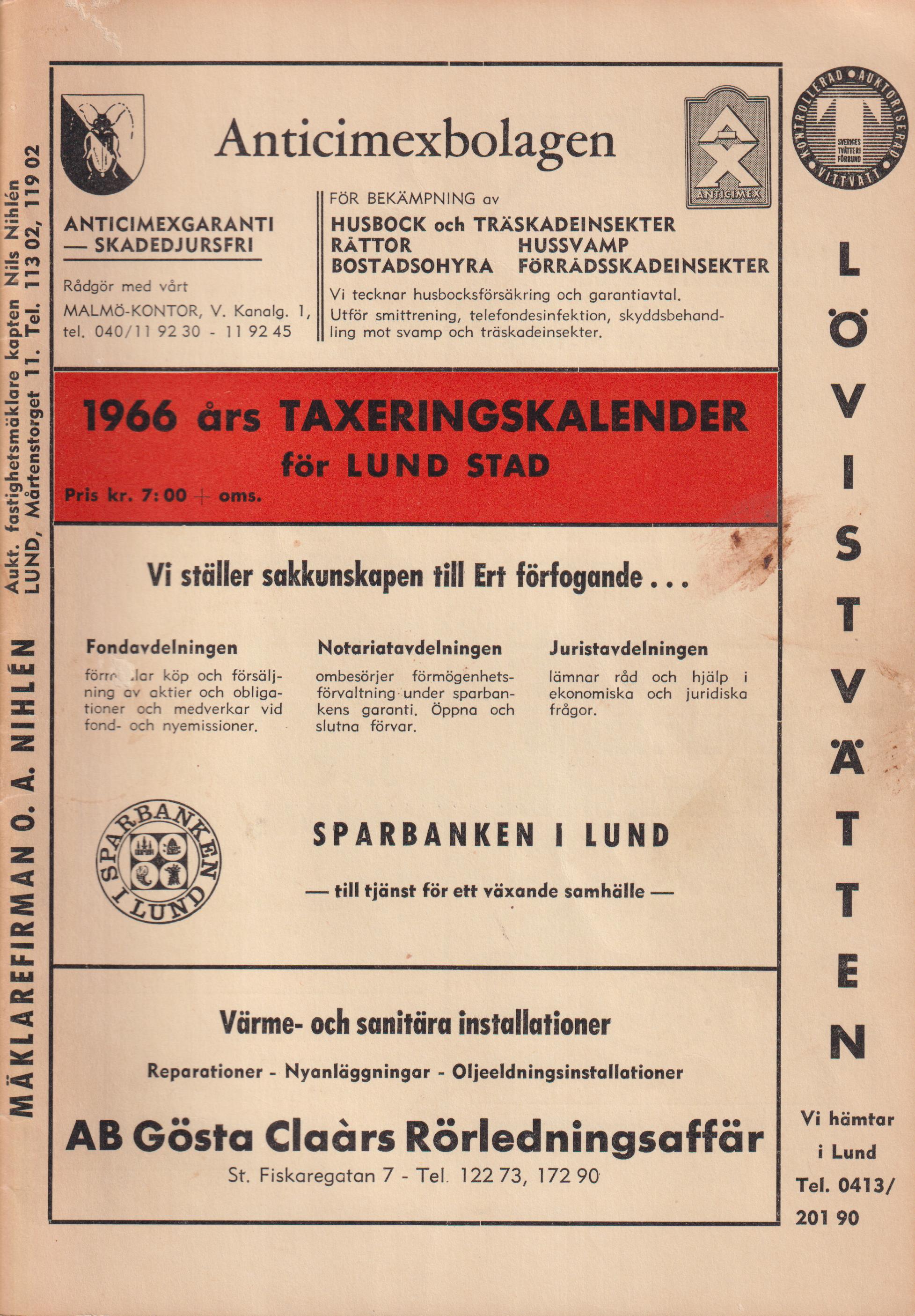 1966 års taxeringskalender för Lund stad. Utgiven av Förlagshuset Hägern.