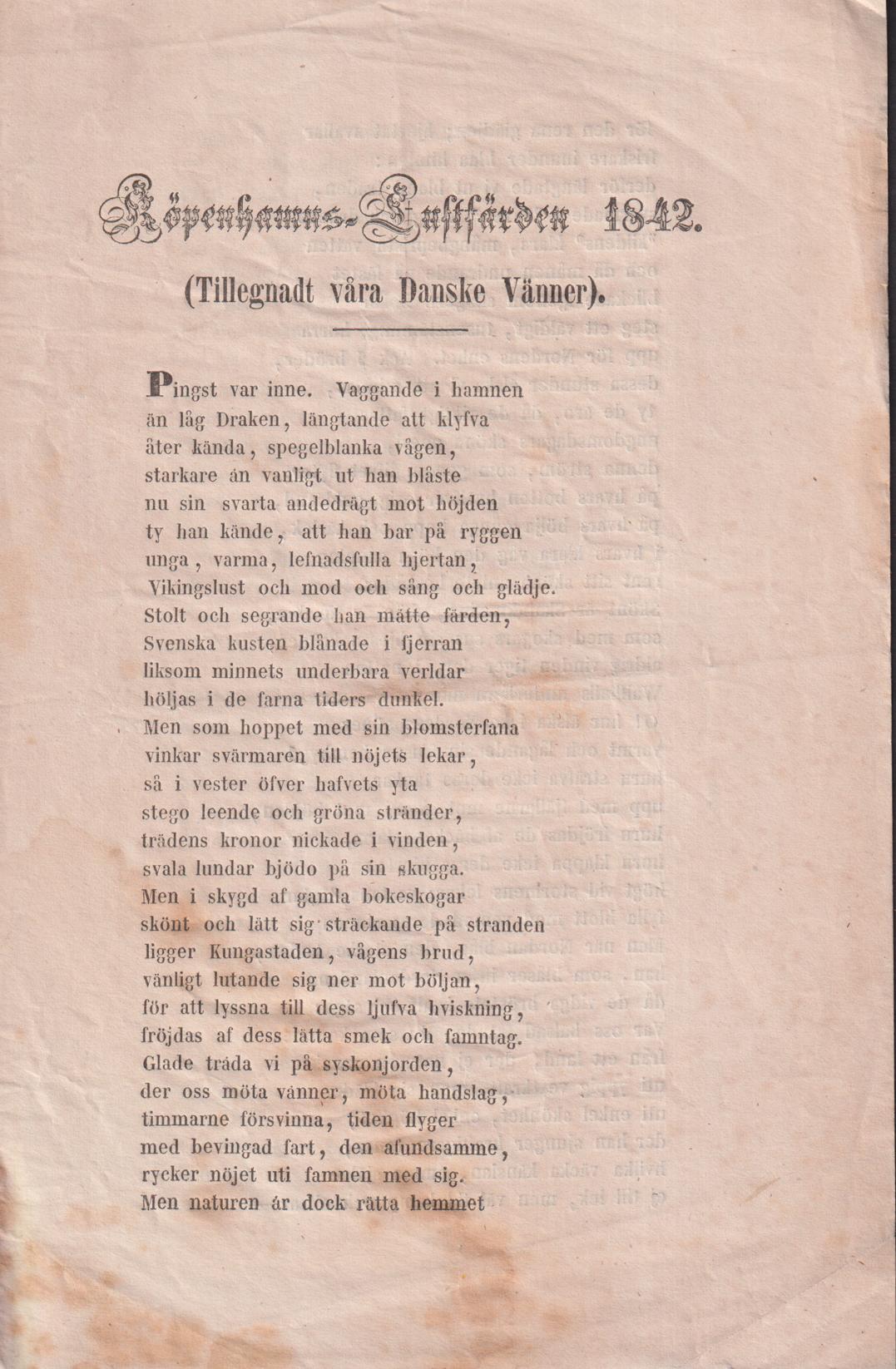 Köpenhamns-Luftfärden 1842. (Tillegnadt våra Danske vänner) [= rubrik].