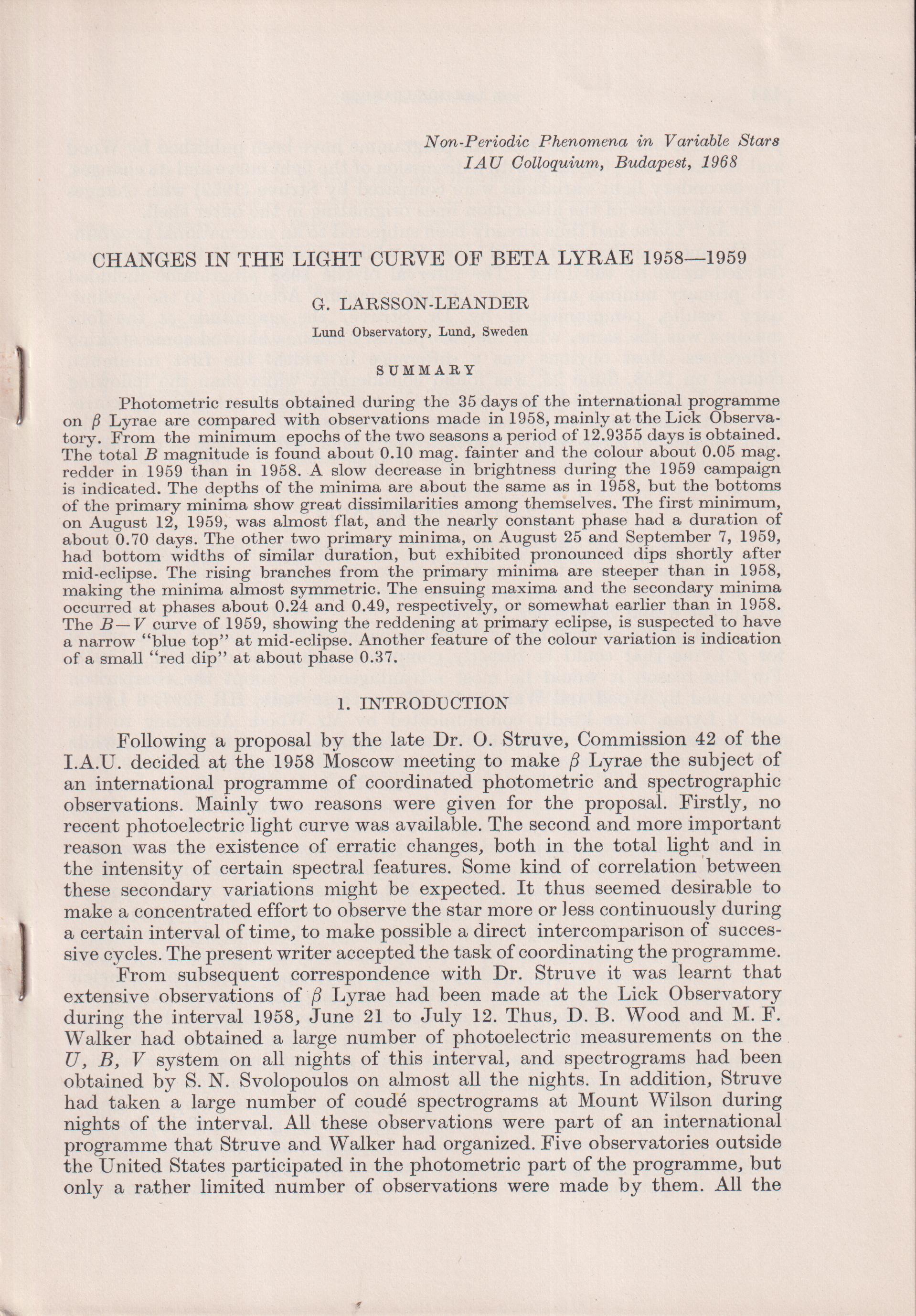Changes in the Light Curve of Beta Lyrae 1958-1959 [= headline].