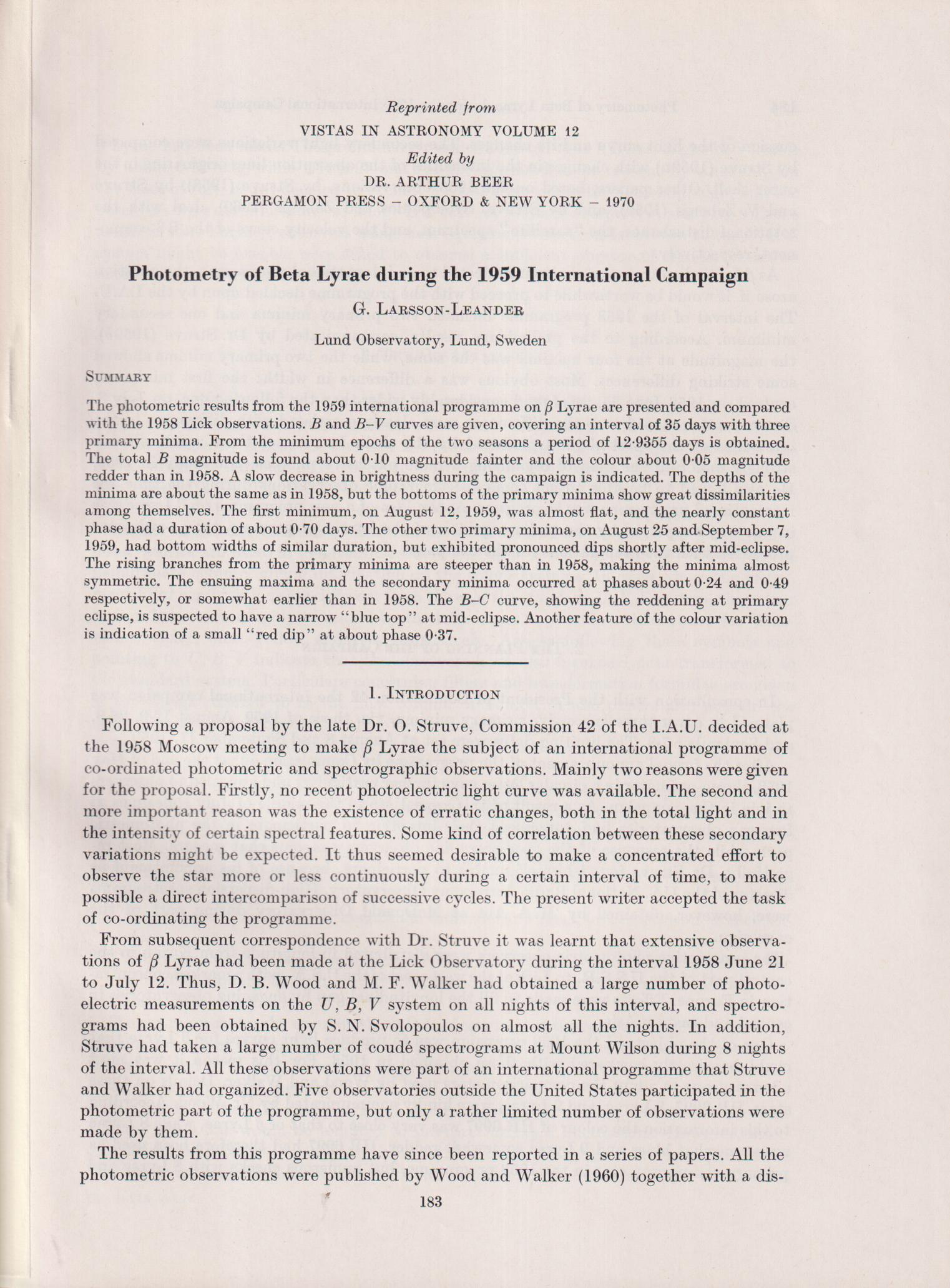 Photometry of Beta Lyrae during the 1959 International Campaign [= headline].