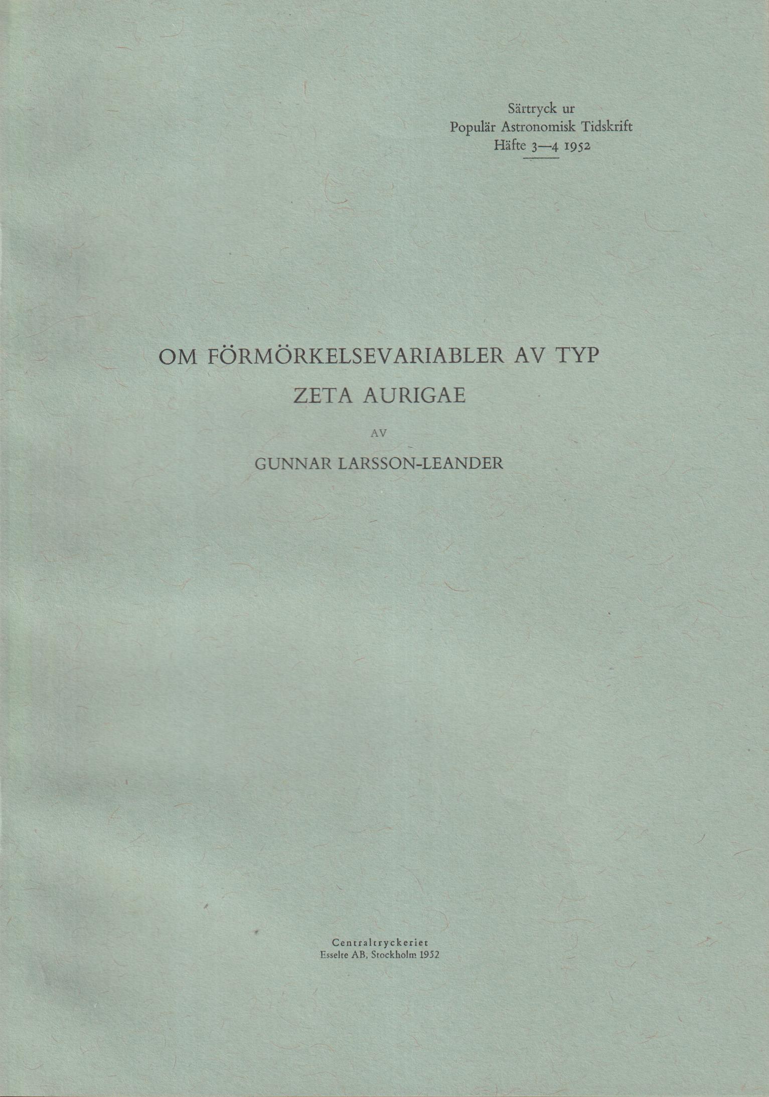 Om förmörkelsevariabler av typ Zeta Aurigae [= rubrik].