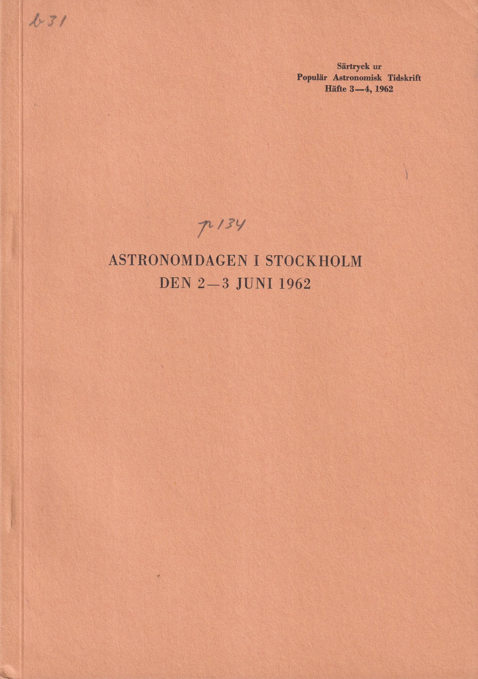 Astronomidagen i Stockholm den 2-3 juni 1962 [= omslagstitel].