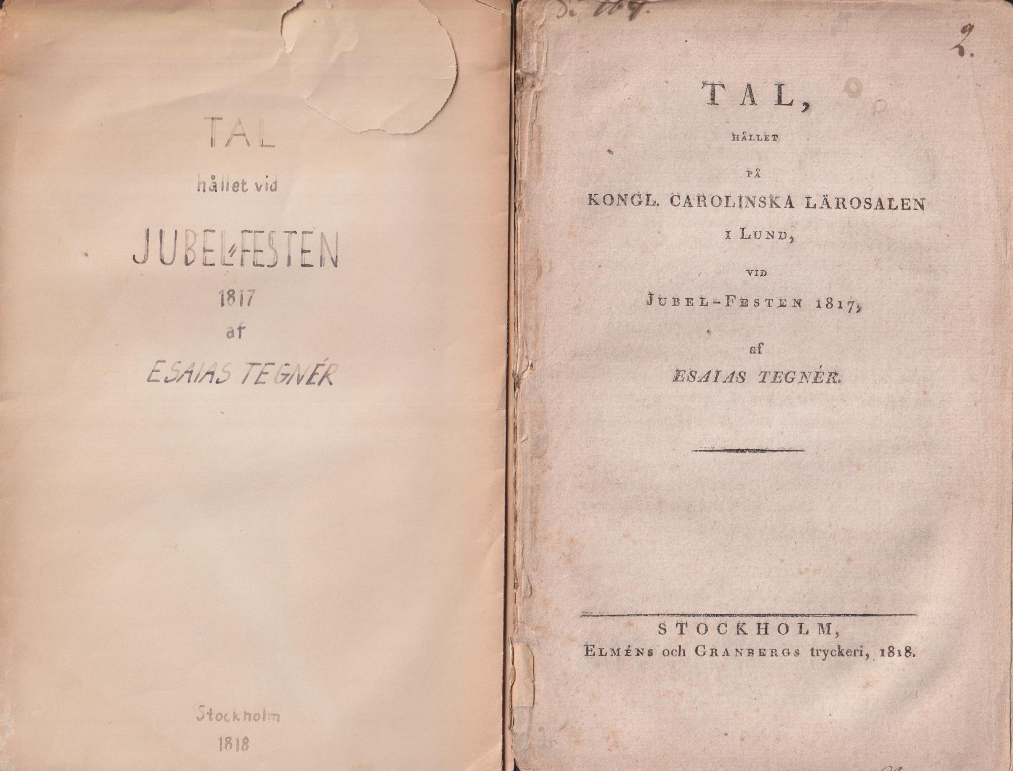 Tal, hållet på kongl. carolinska lärosalen i Lund, vid jubel-festen 1817, af Esaias Tegnér.