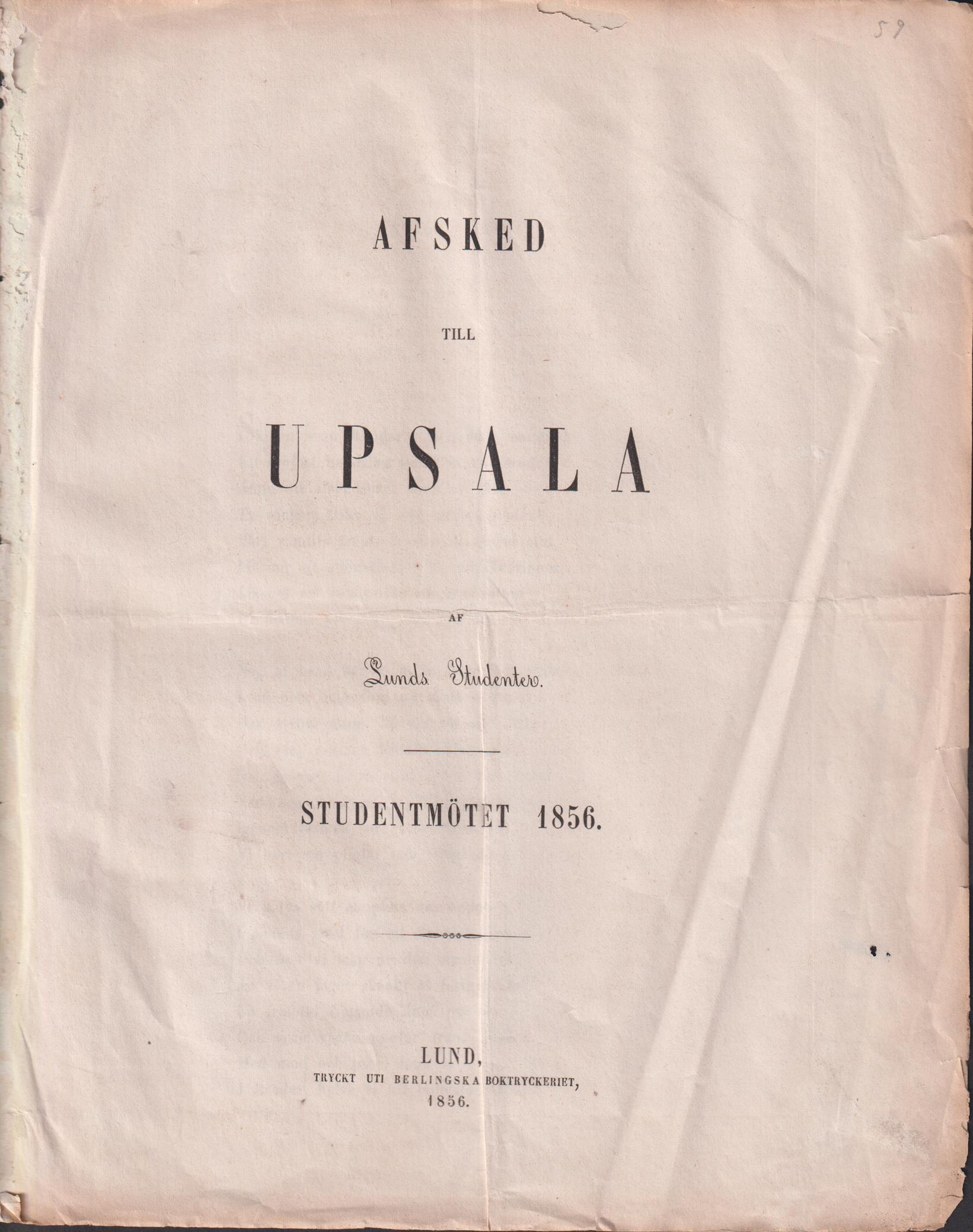Afsked till Upsala af Lunds studenter. Studentmötet 1856.