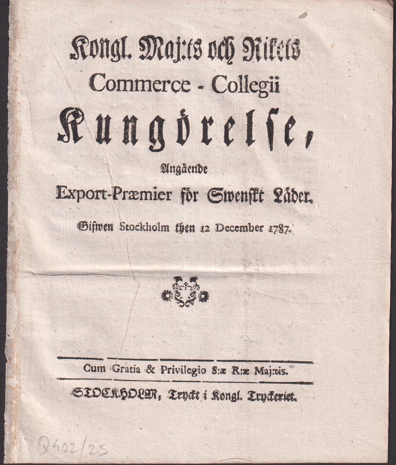 Kongl. Maj:ts och Rikets Commerce-Collegii Kungörelse, Angående Export-Præmier för Swenskt Läder. Gifwen Stockholm then 12 December 1787.