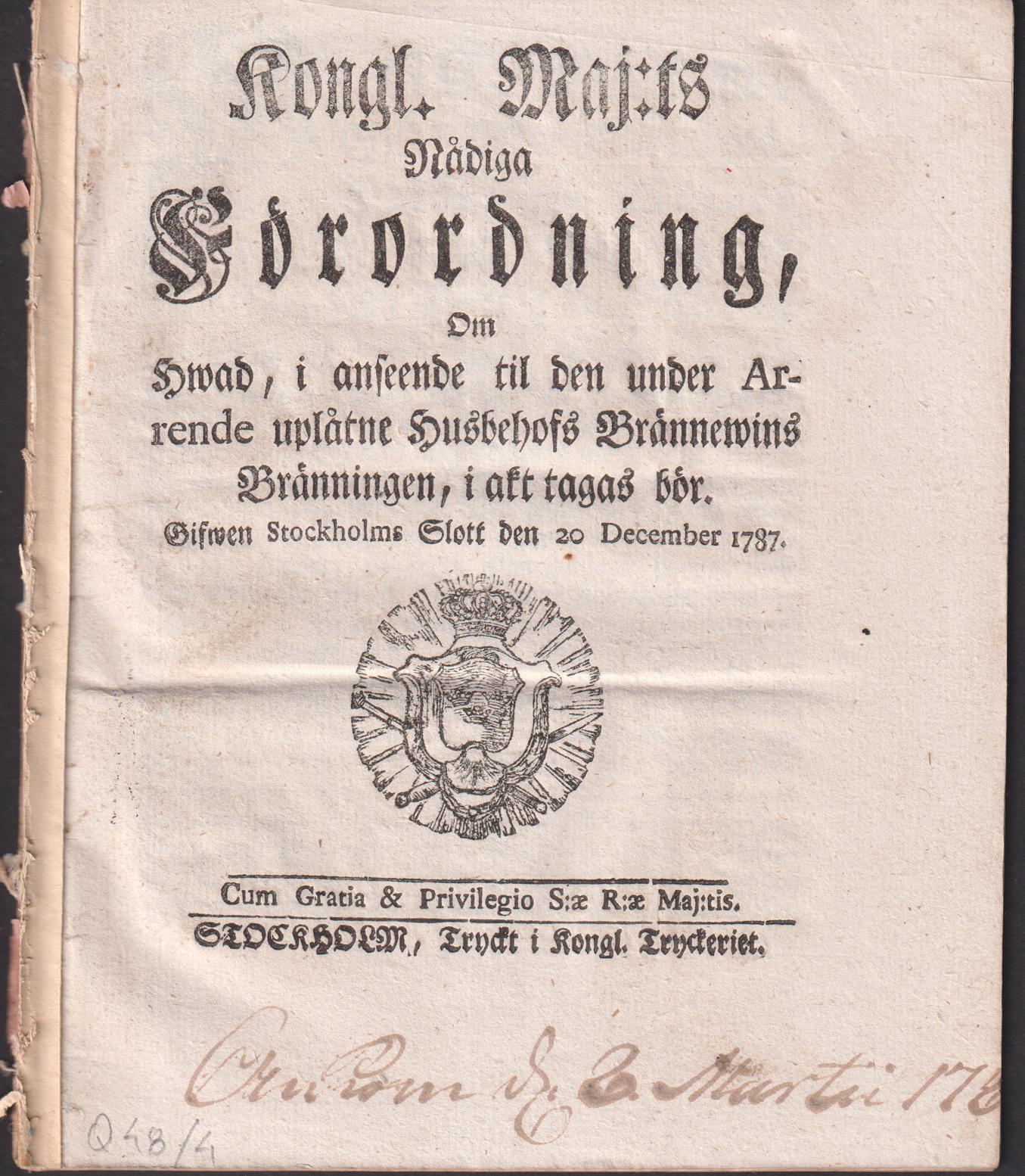 Kongl. Maj:ts Nådiga Förordning, Om Hwad, i anseende til den under Arrende uplåtne Husbehofs Brännewins Bränningen, i akt tagas bör. Gifwen Stockholms Slott den 20 December 1787.
