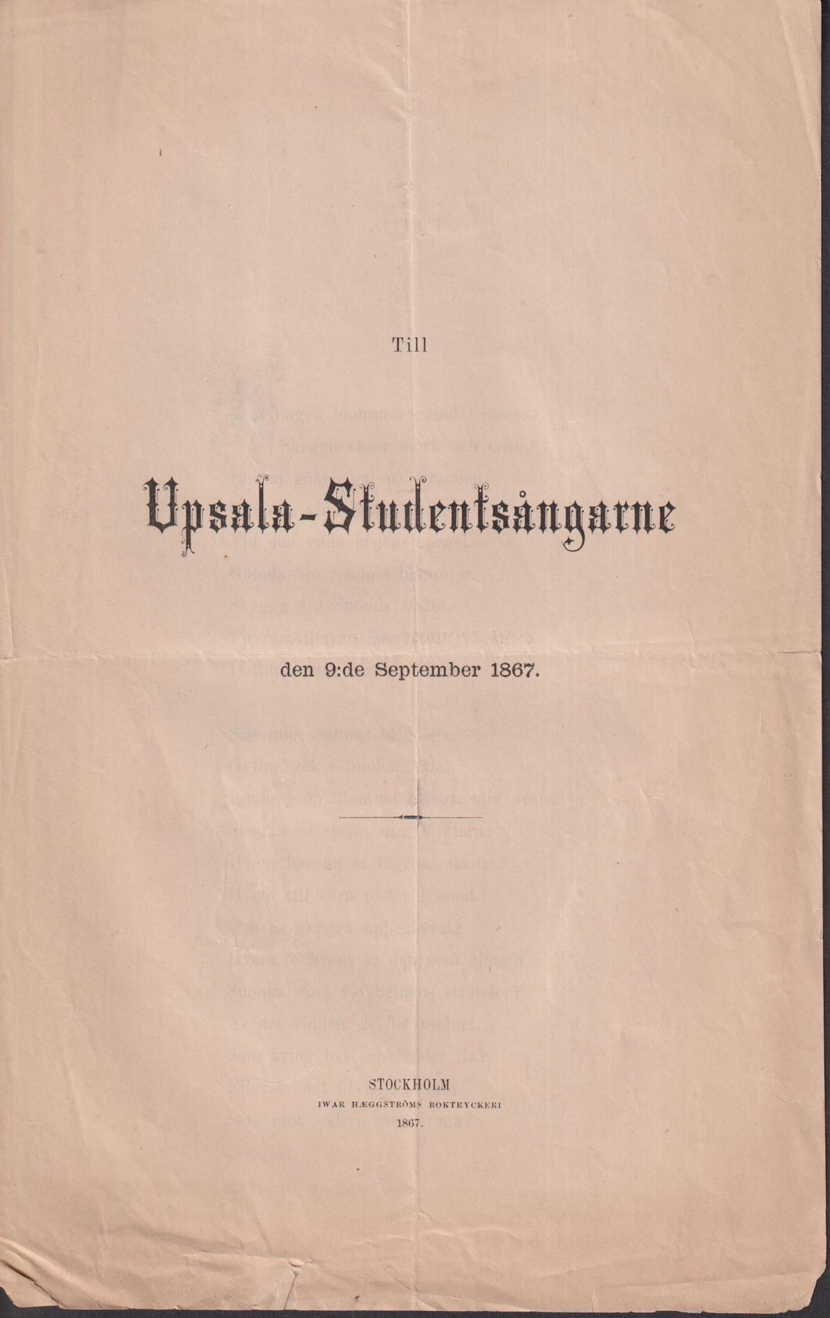 Till Upsala-Studentsångarne den 9:de september 1867.