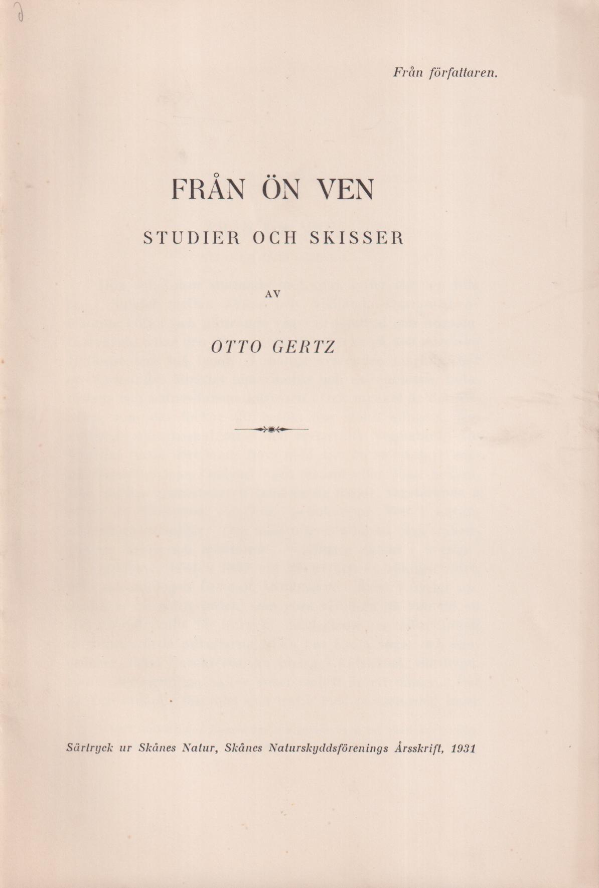 Från ön Ven. Studier och skisser [= omslagstitel].