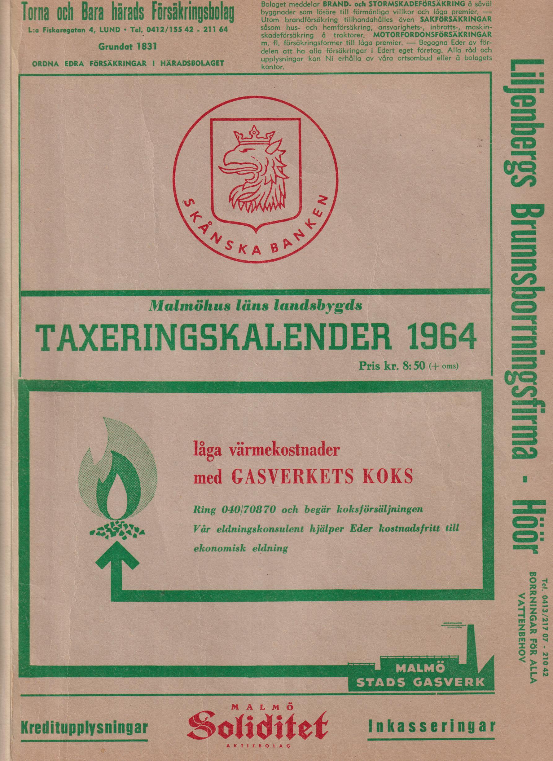 Malmöhus läns landsbygds taxeringskalender 1964. 23:e årgången. Utgiven av Förlagstjänst.