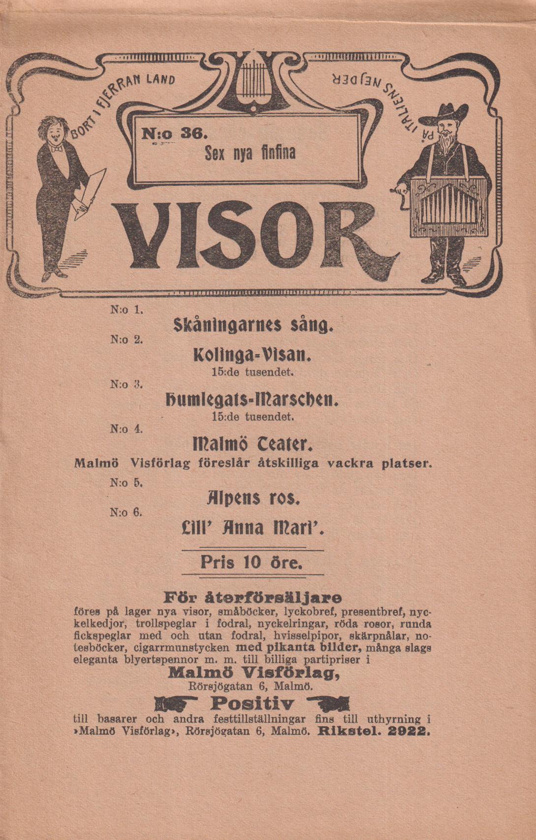 Sex nya finfina visor. [Utg. av] Malmö Visförlag.