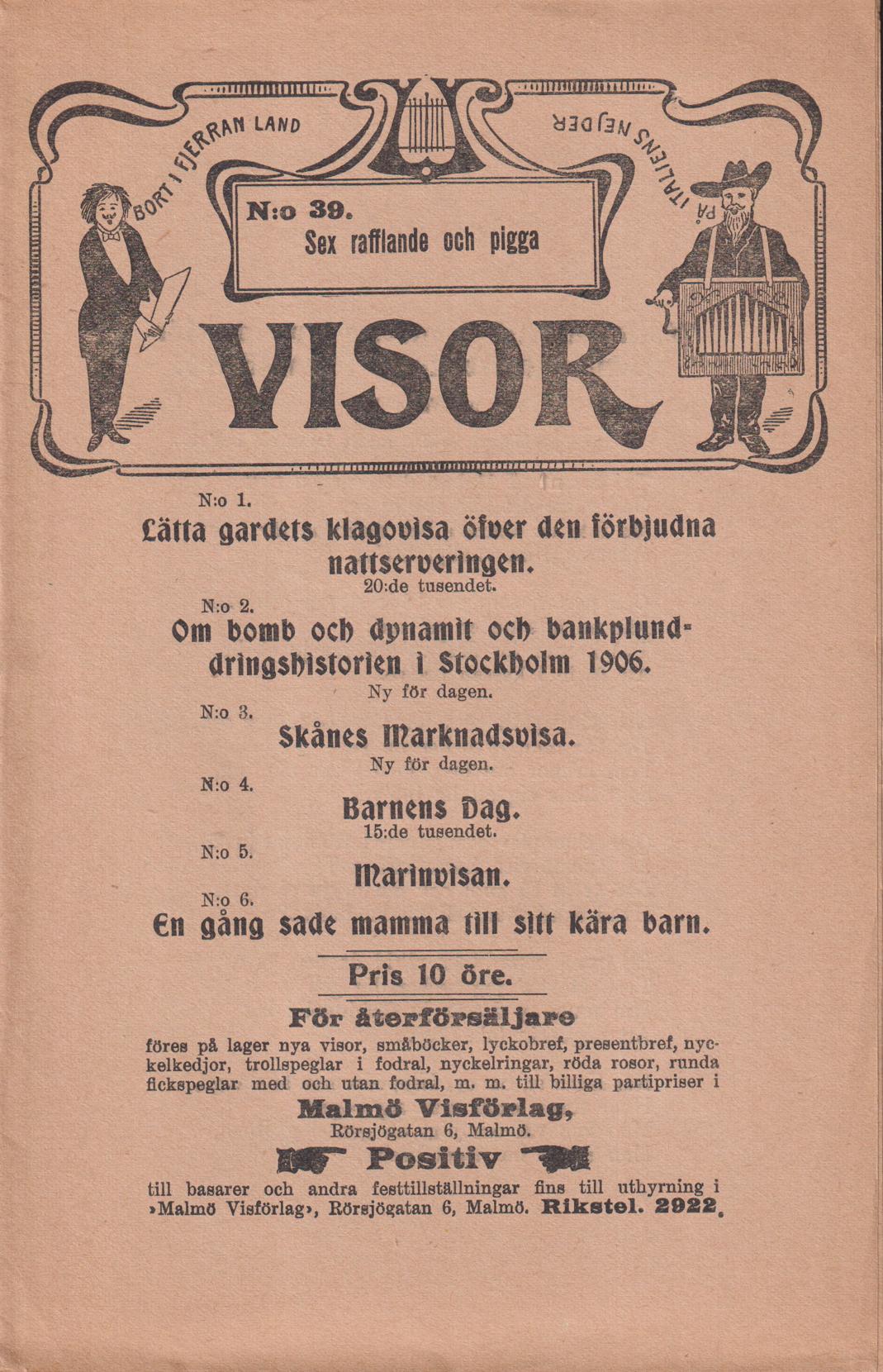 Sex rafflande och pigga visor. [Utg. av] Malmö Visförlag.