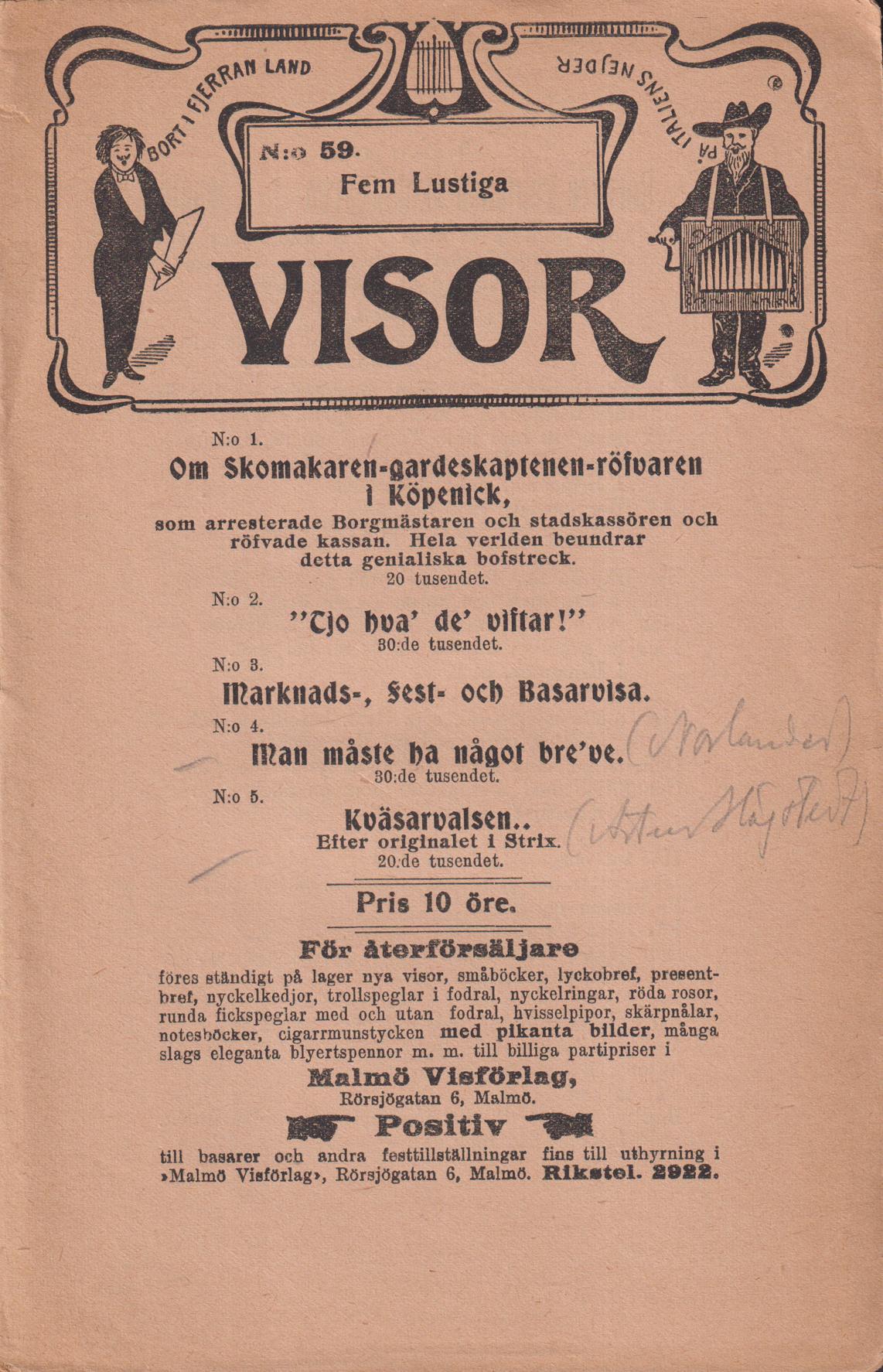 Fem lustiga visor. [Utg. av] Malmö Visförlag.