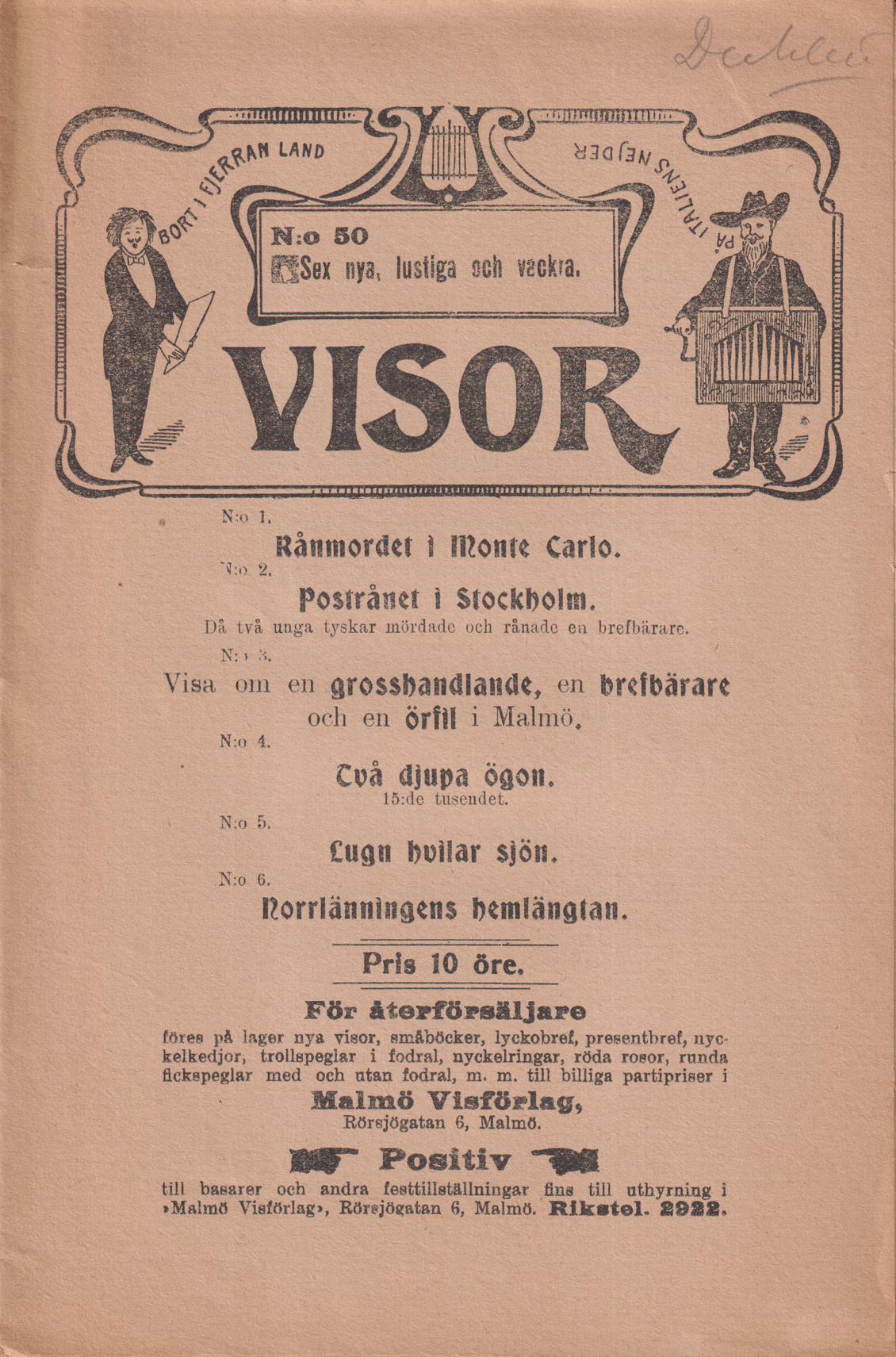 Sex nya, lustiga och vackra visor. [Utg. av] Malmö Visförlag.