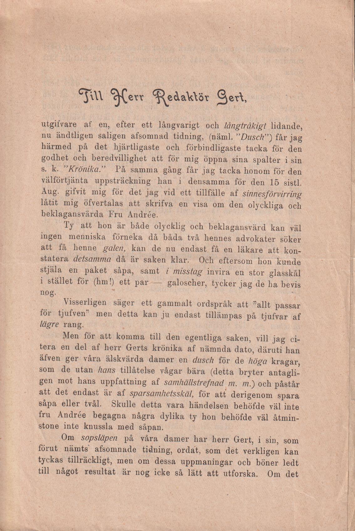 Till Herr Redaktör Gert [= rubrik].
