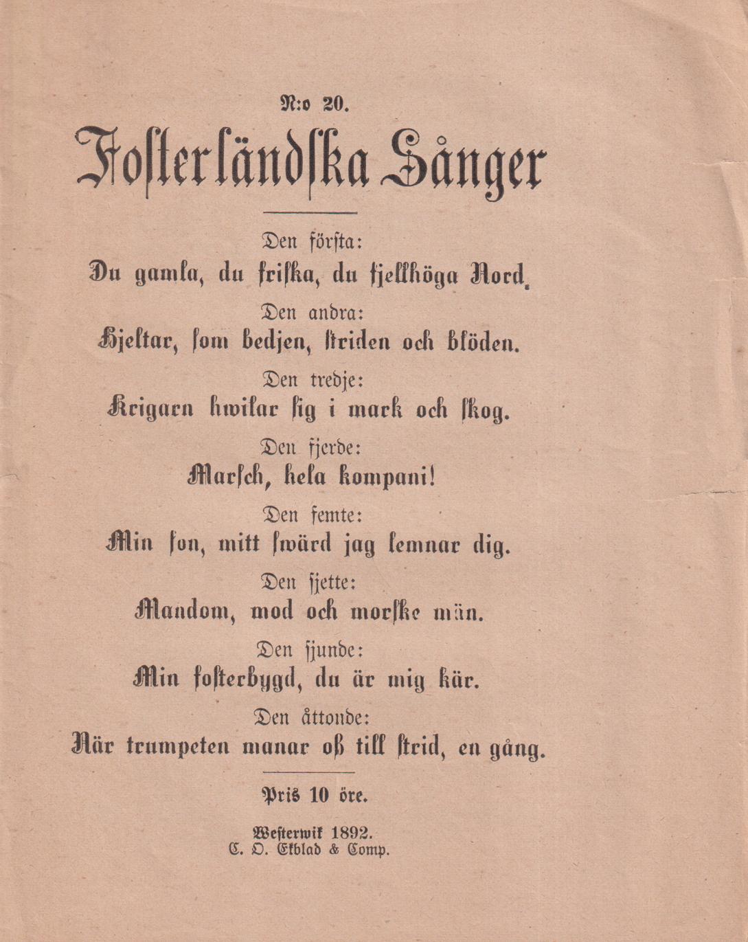 N:o 20. Fosterländska Sånger.