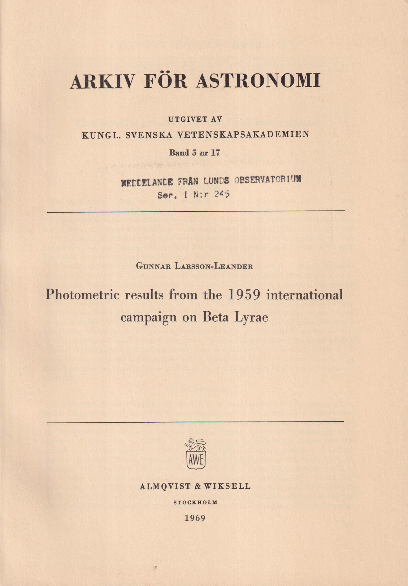 Photoelectric results from the 1959 international campaign on Beta Lyrae [= rubrik].