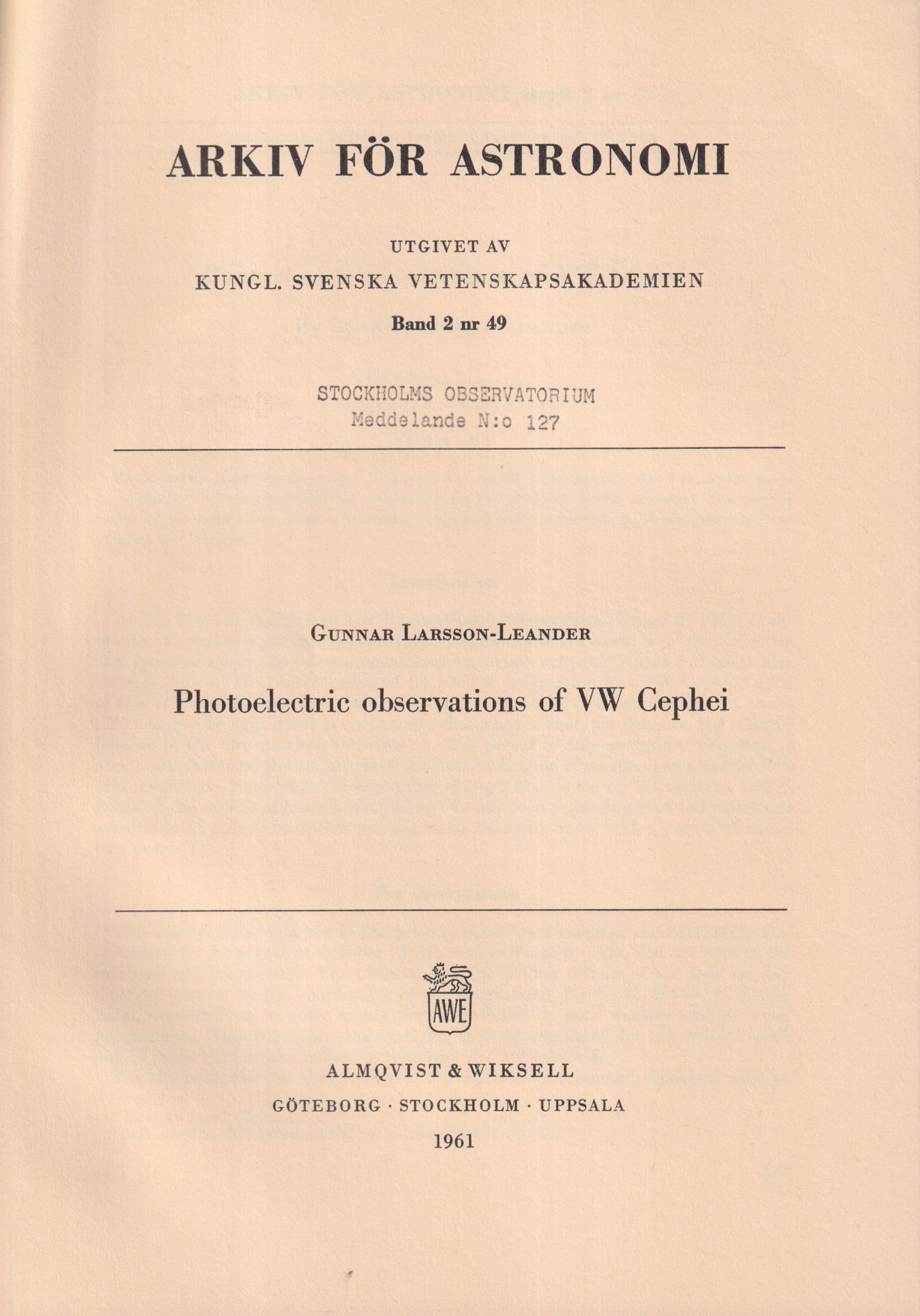 Photoelectric observations of VW Cephei [= rubrik].