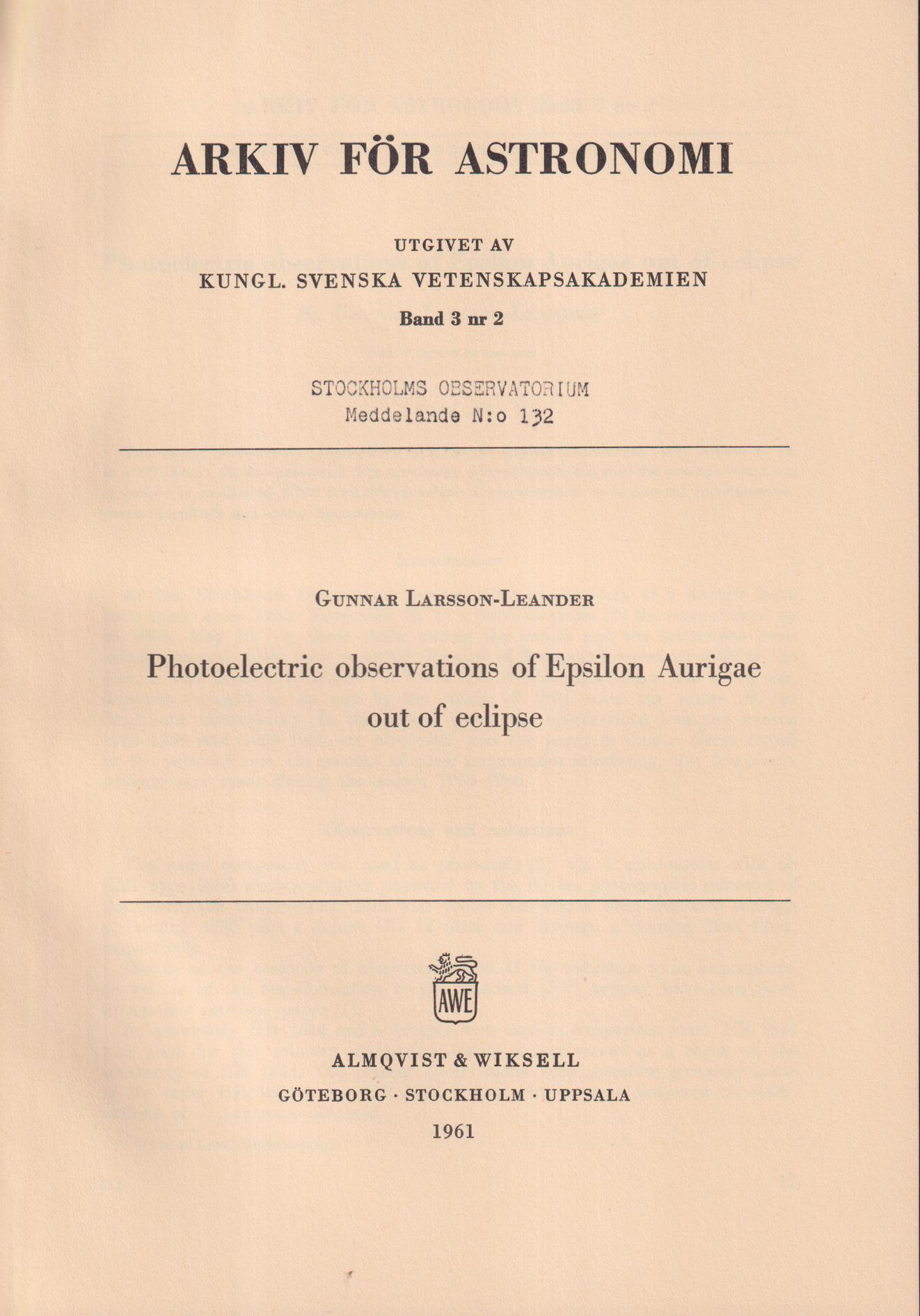 Photoelectric observations of Epsilon Aurigae out of eclipse [= rubrik].