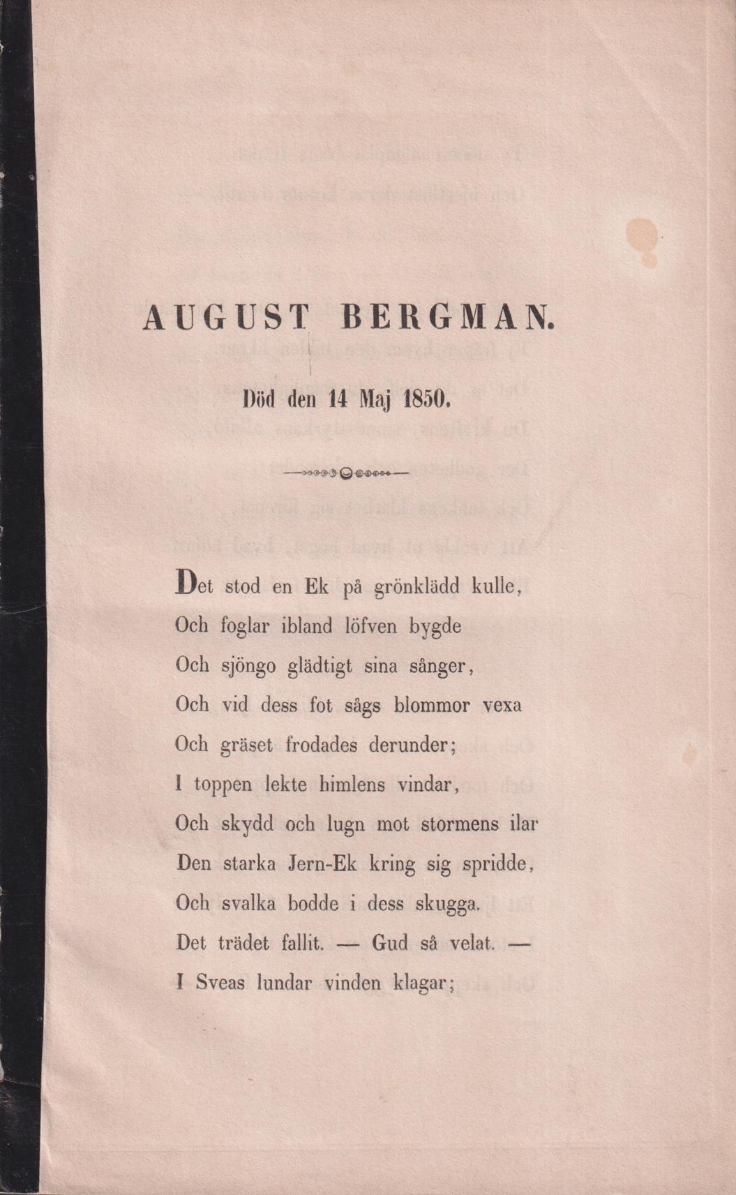 August Bergman. Död den 14 maj 1850 [= rubrik].