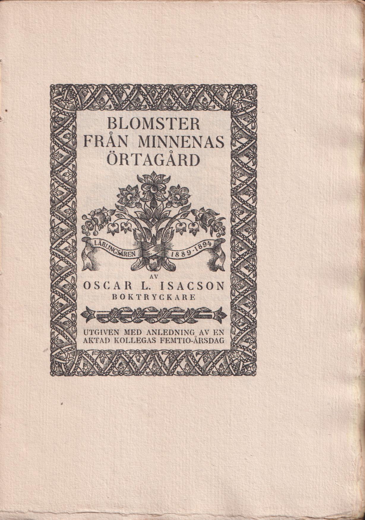 Blomster från minnenas örtagård. Lärlingsåren 1889-1894. Utgiven med anledning av en aktad kollegas femtio-årsdag.
